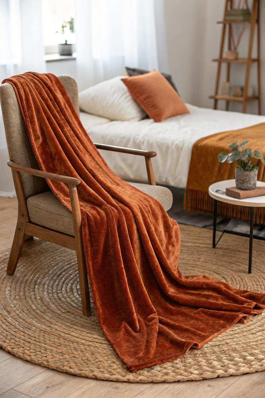 Layered fabrics in reddish-brown and chocolate crafting a cozy environment.