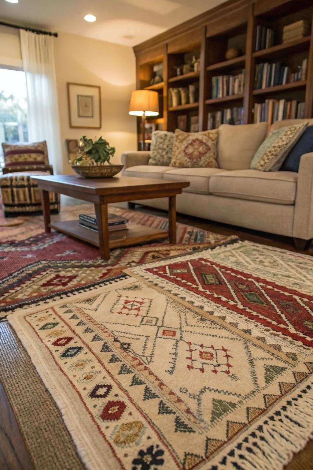 Layered floor coverings contribute texture and dimension to this European-inspired living space.