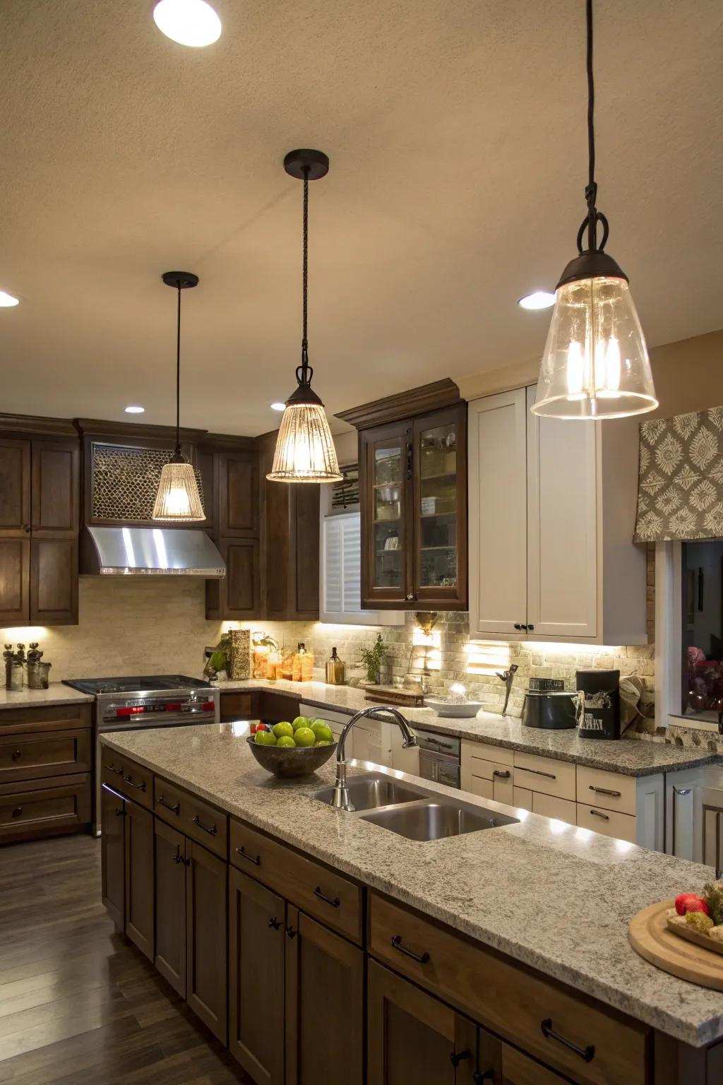 Layered illumination efficiently brightens a kitchen without windows.