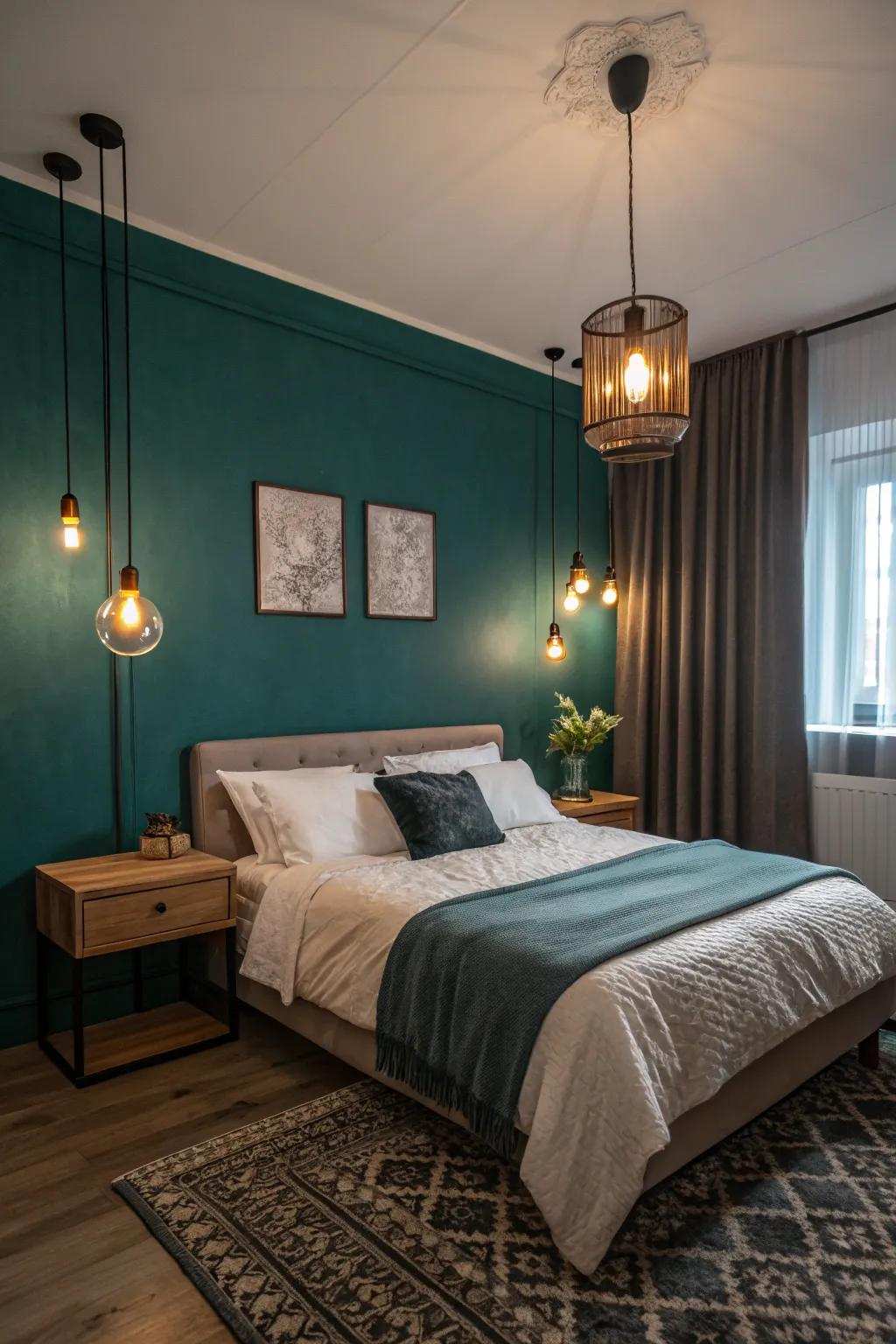 Layered illumination elevates the mood of a teal room.