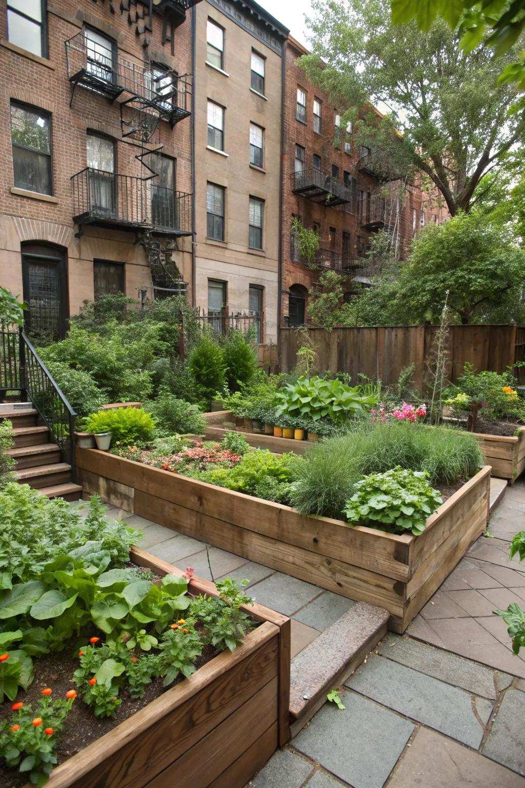 Layered landscaping adds dimension to this lively backyard.