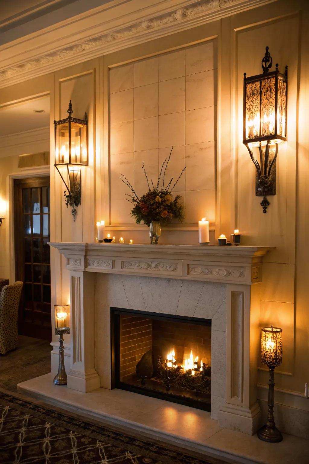 Layered lighting highlights the beauty of the fireplace carpentry.