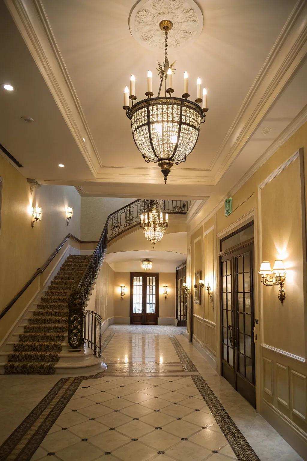 Layered lighting with complementary fixtures improves this entrance hall's warmth.