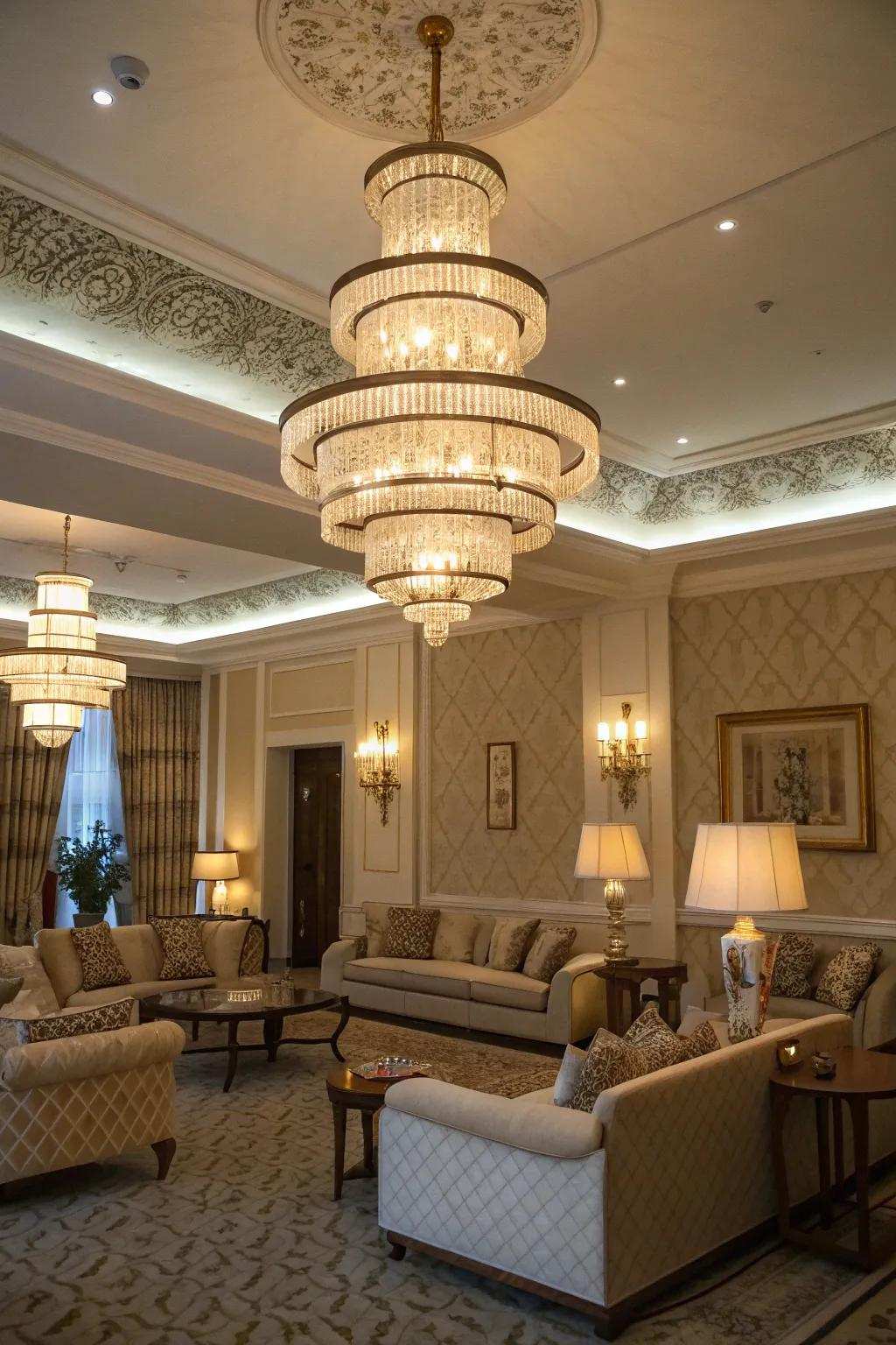 Layered lighting with elegant fixtures adds dimension and coziness.