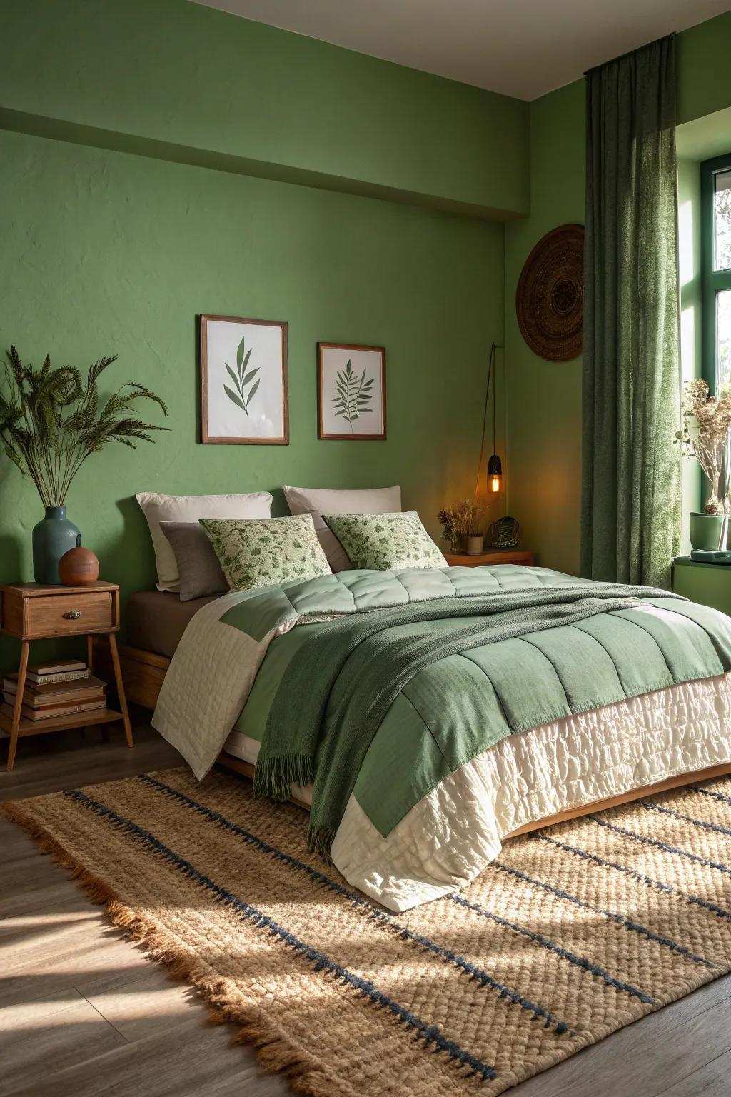 Layered materials add warmth and depth to the bedroom.