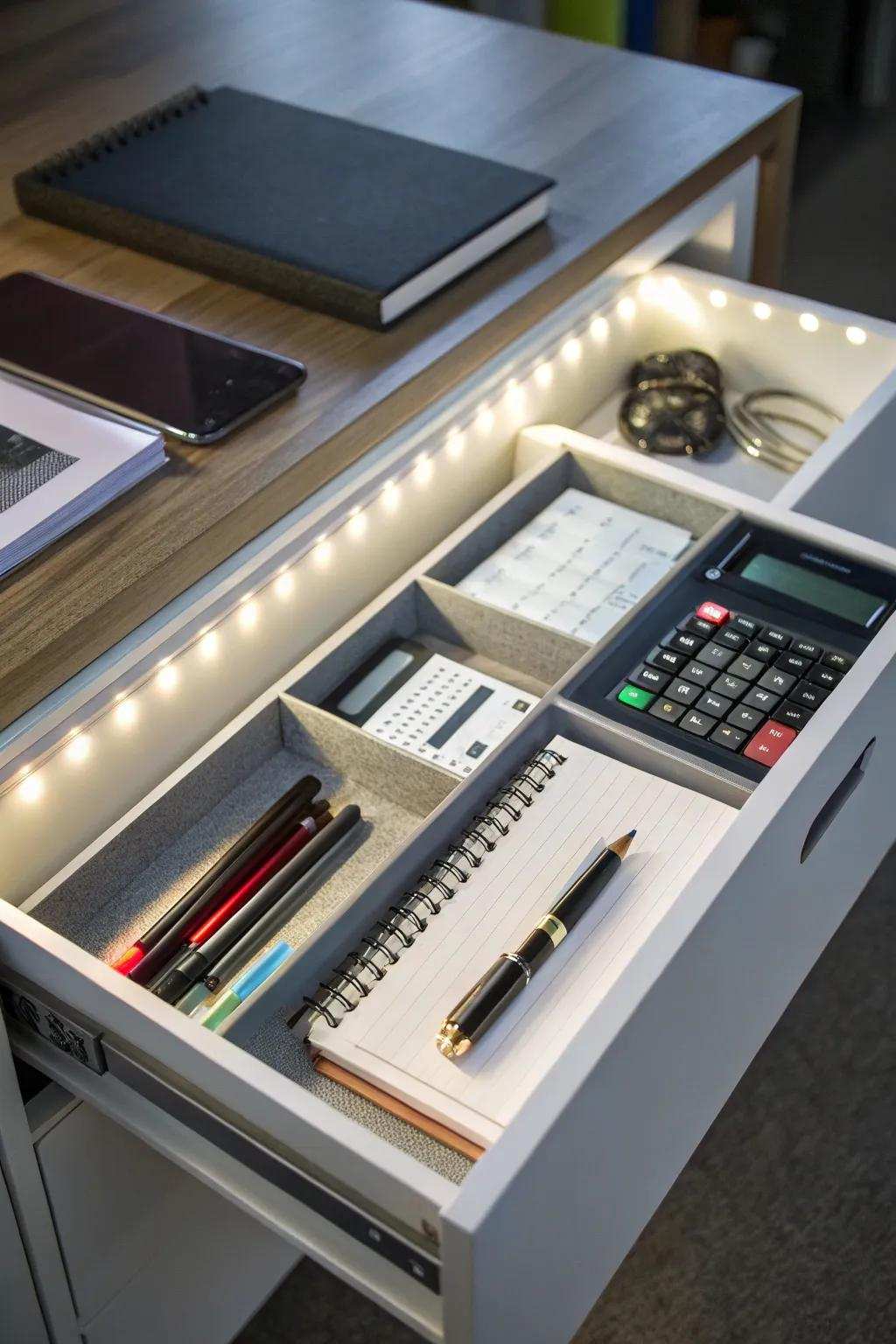 LED illumination enriches visibility and elegance in your drawers.