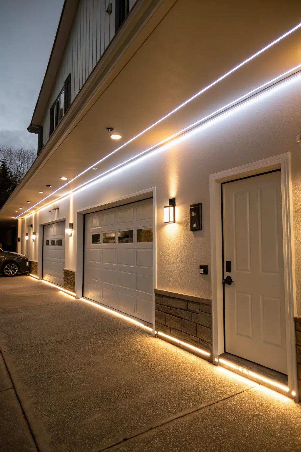 LED illumination raises the style and utility of garage walls.