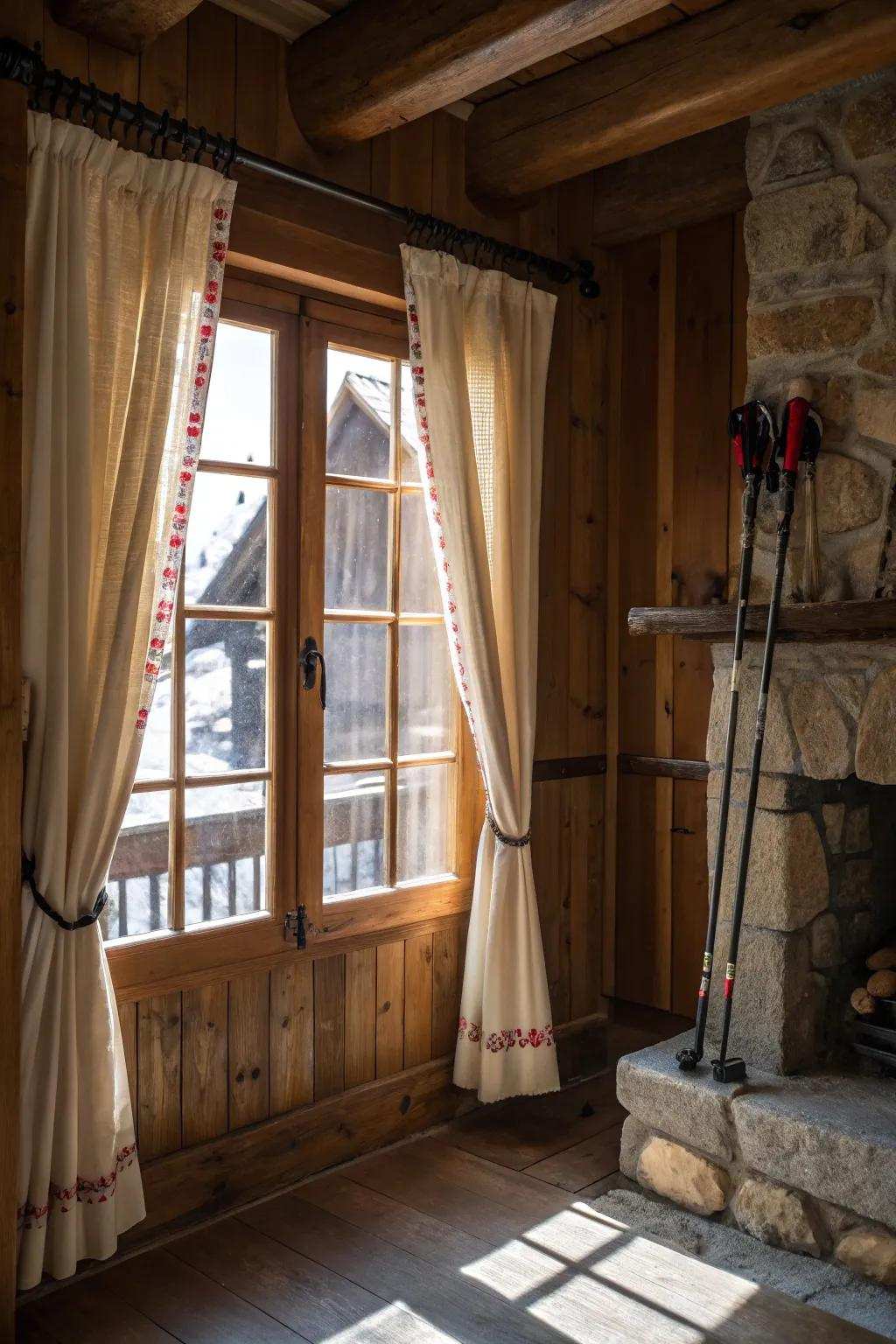 Let ski poles support your drapes for a charming and unexpected twist.