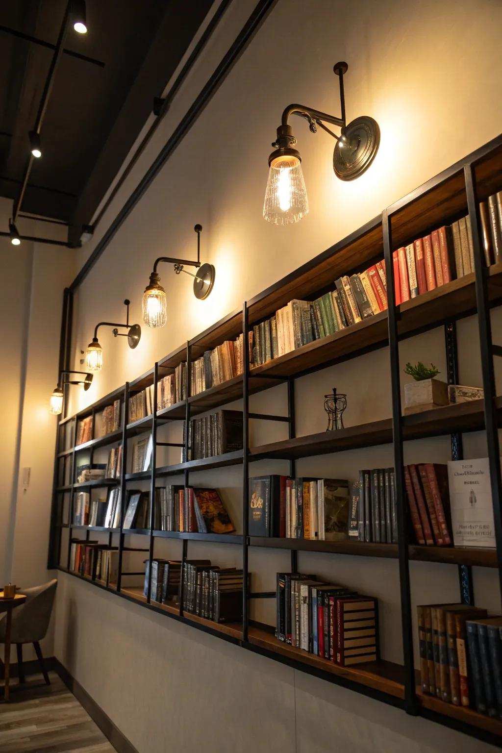 Levels of illumination enhance bookshelf walls.