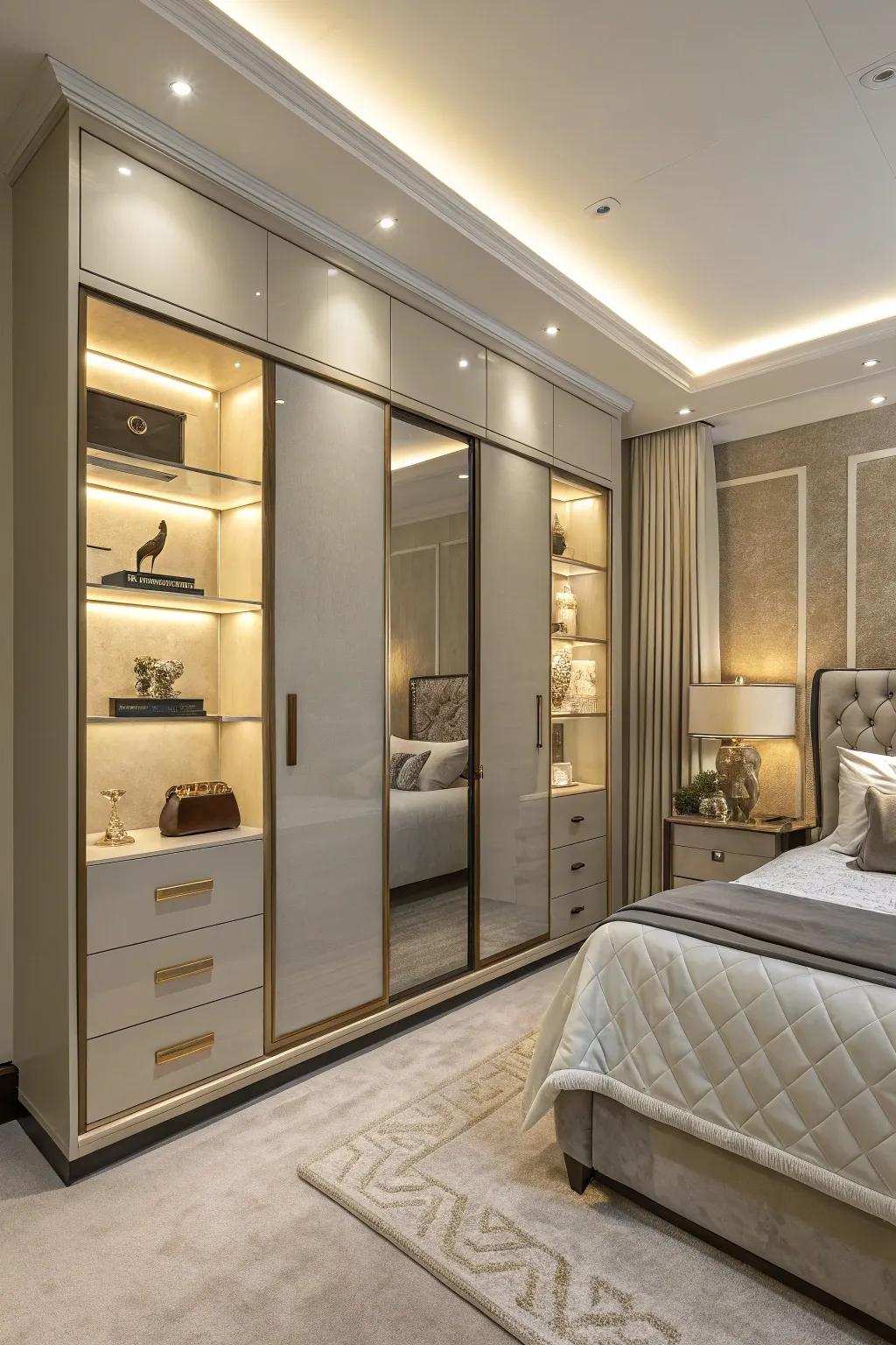 Light Emitting Diode illumination infuses a lavish radiance onto this closet's shelves.