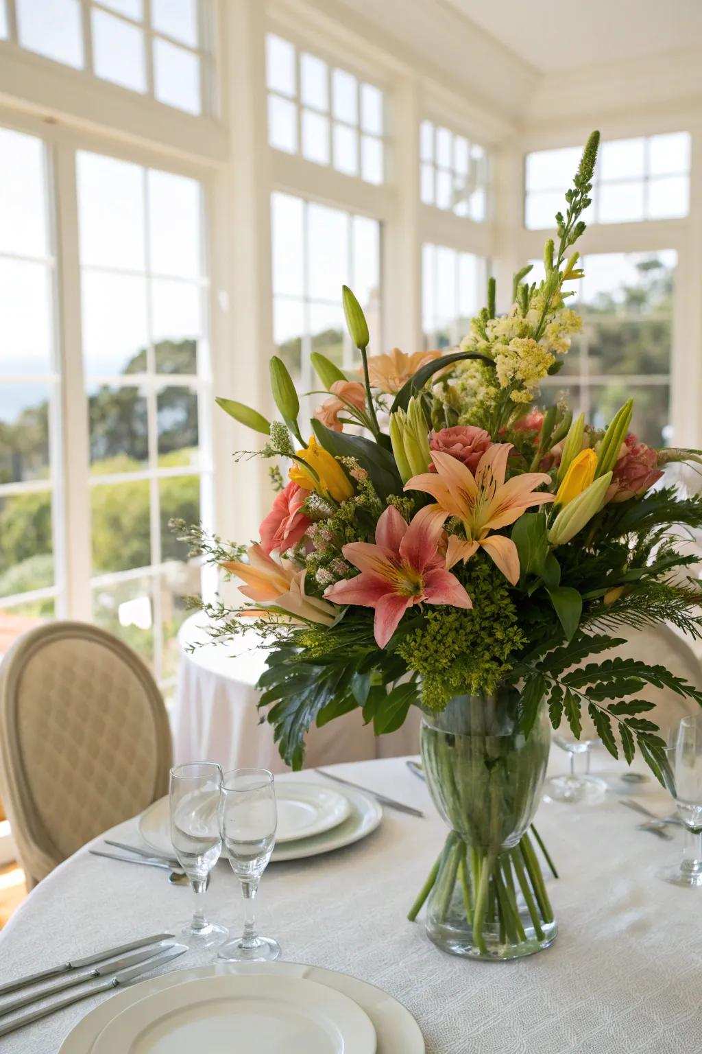 Lilies and greenery add botanical charm.