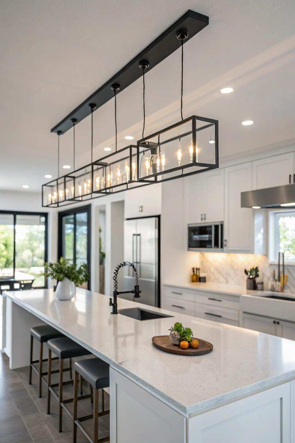 Linear drop lights create a polished appearance for kitchen islands.