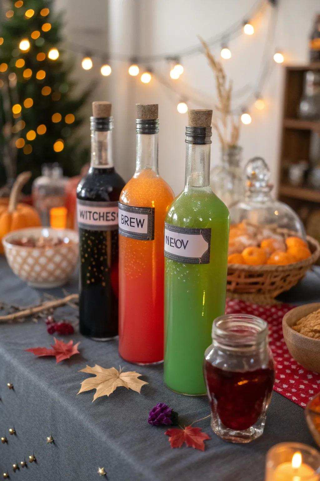 Liquid bottle beverages introduce a magical detail to the refreshment table.