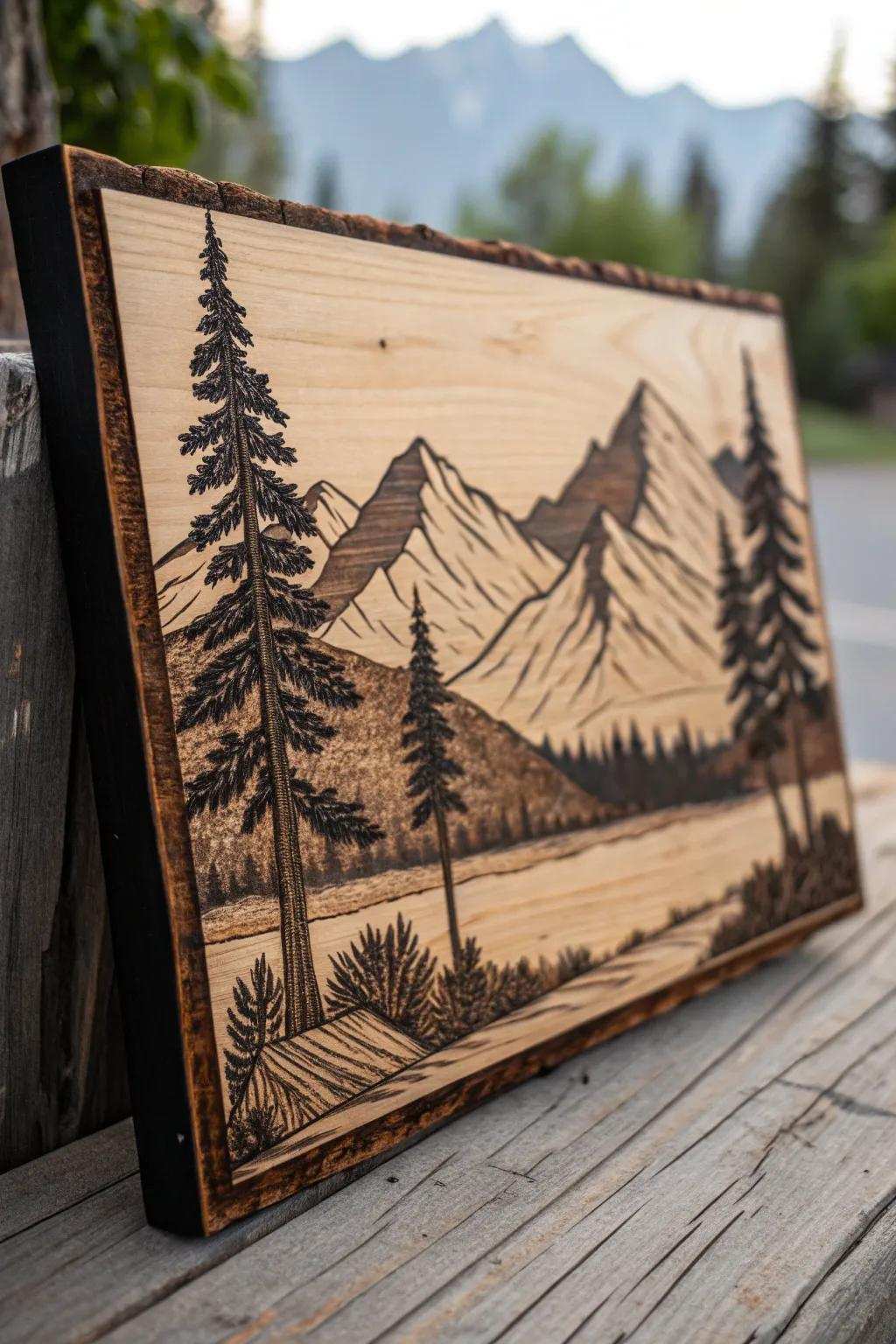 Lose yourself in the world of wood burning with this magnificent mountain scenery.