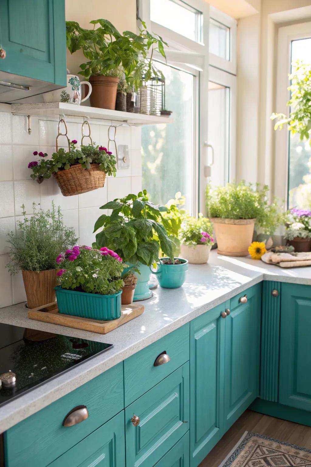 Lush vegetation infusing vitality into a robin's egg blue-themed culinary space.