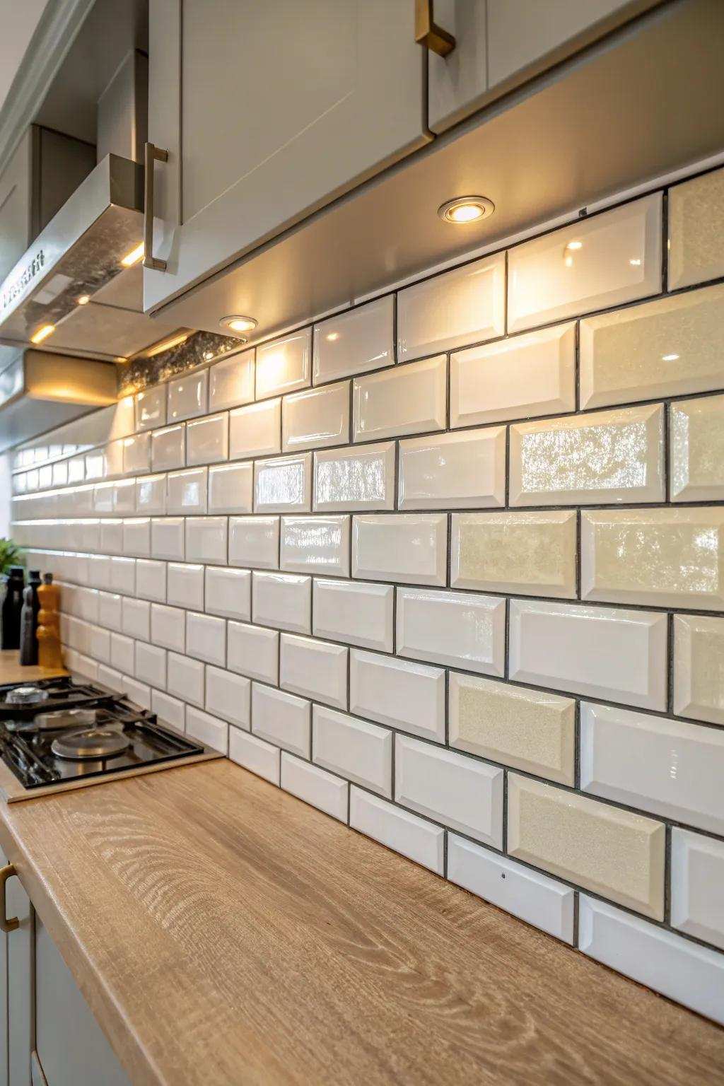 Lustrous and matte tiles collaborate to fashion a dynamic and textured kitchen wall.