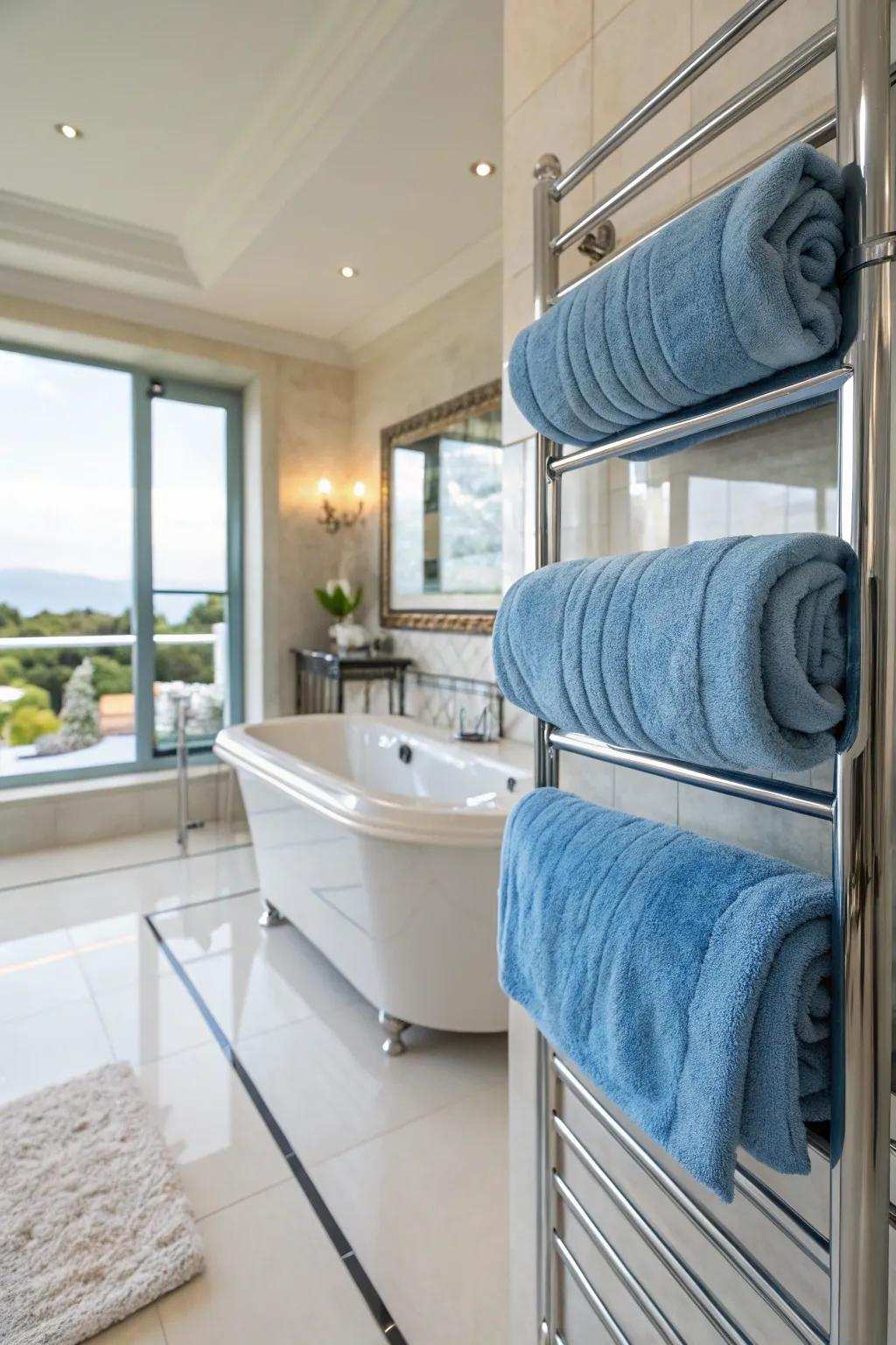 Luxurious azure towels inject a straightforward yet effective burst of hue.