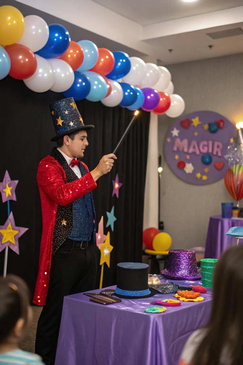Magic-themed arrangement with enchanting tricks and props.