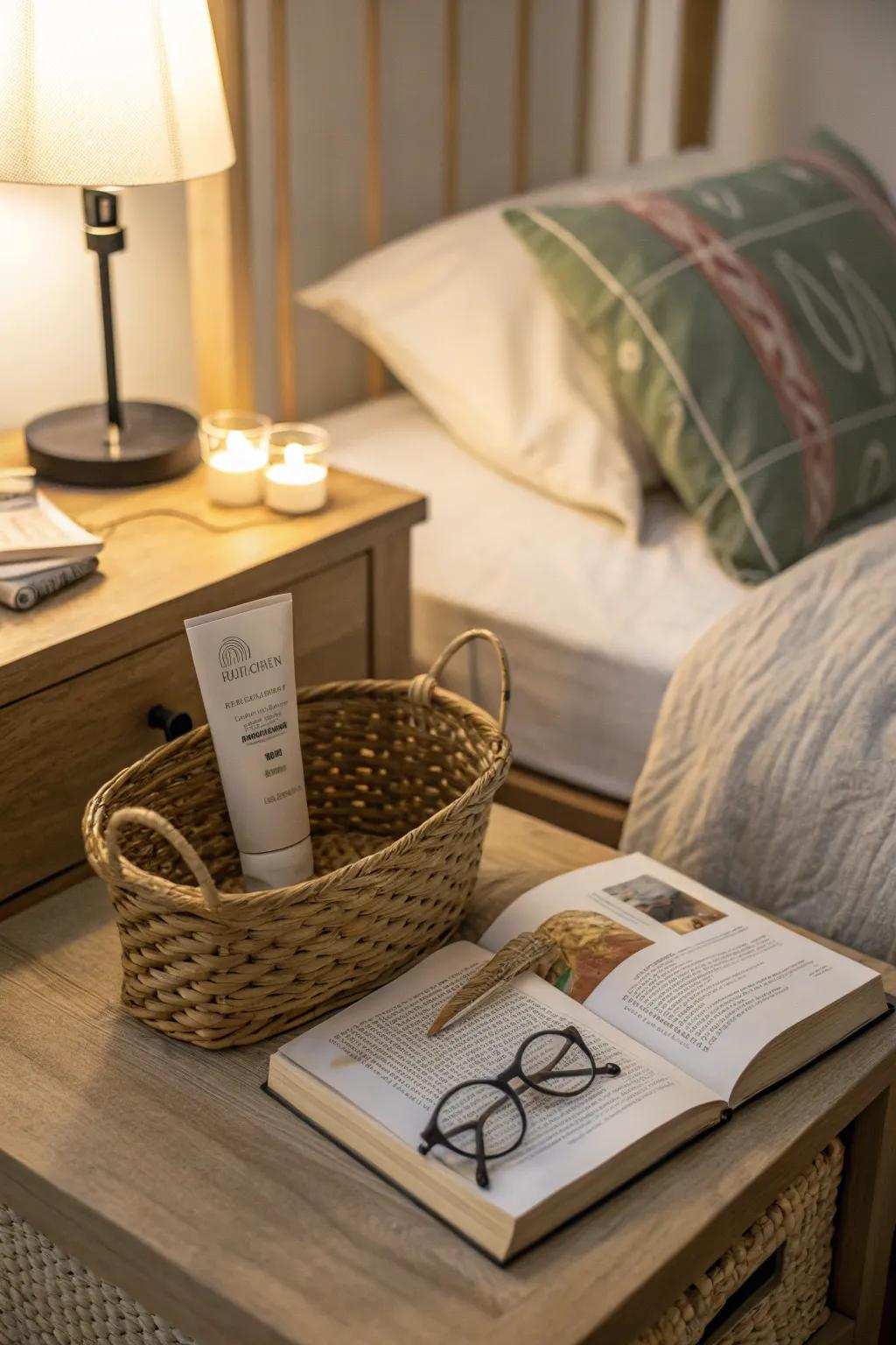 Maintain an orderly nightstand by using a basket to hold your everyday necessities.