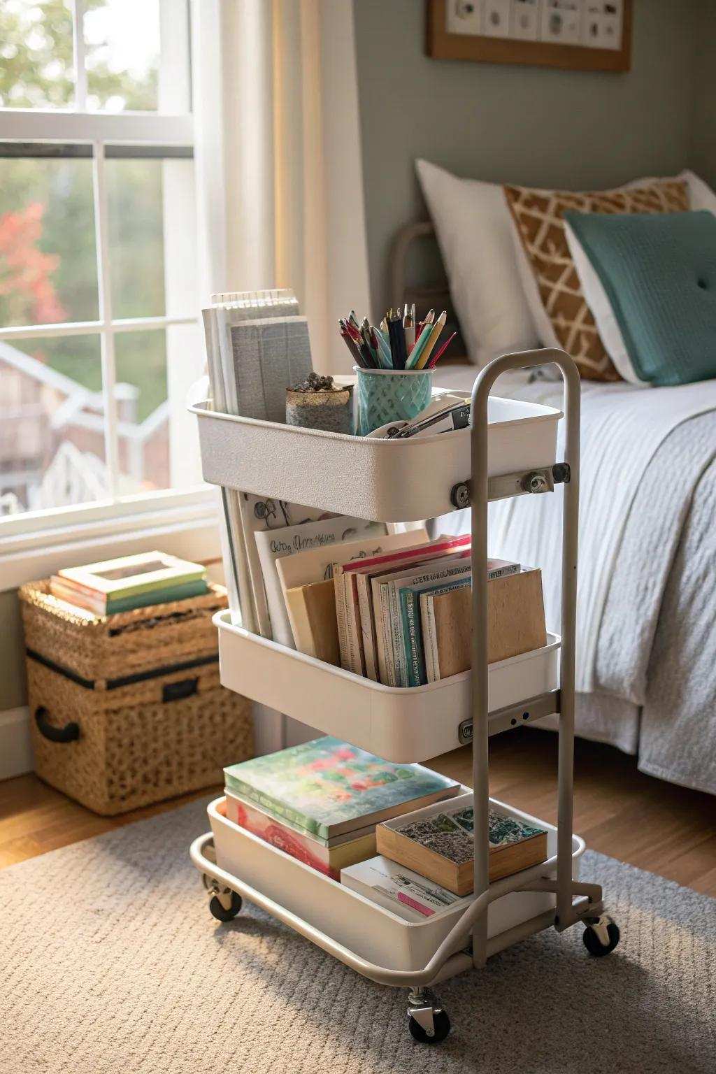 Maintain mobility and tidiness using a rolling cart.
