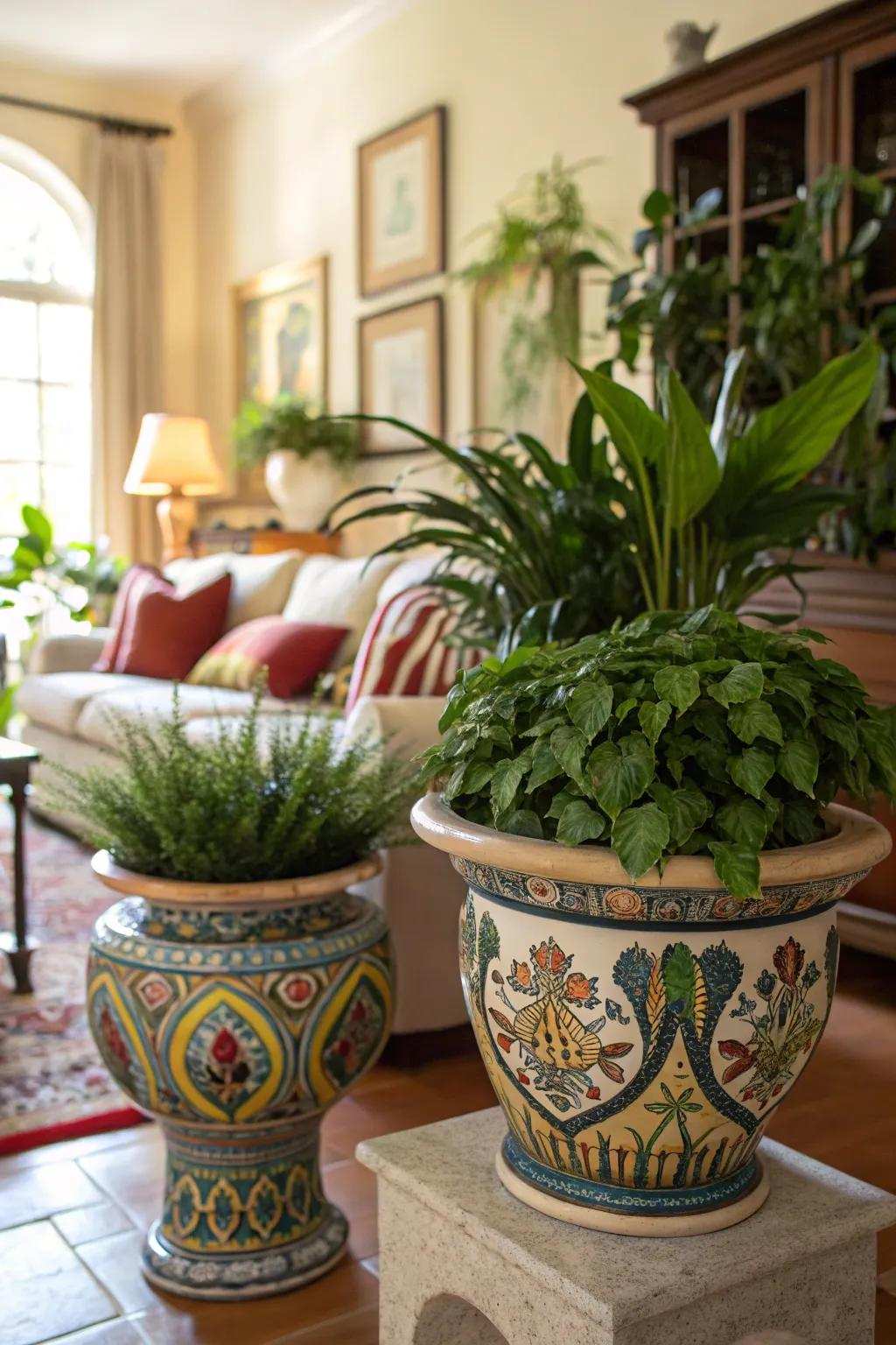 Majolica containers add a colorful and artistic hint to your house decor.