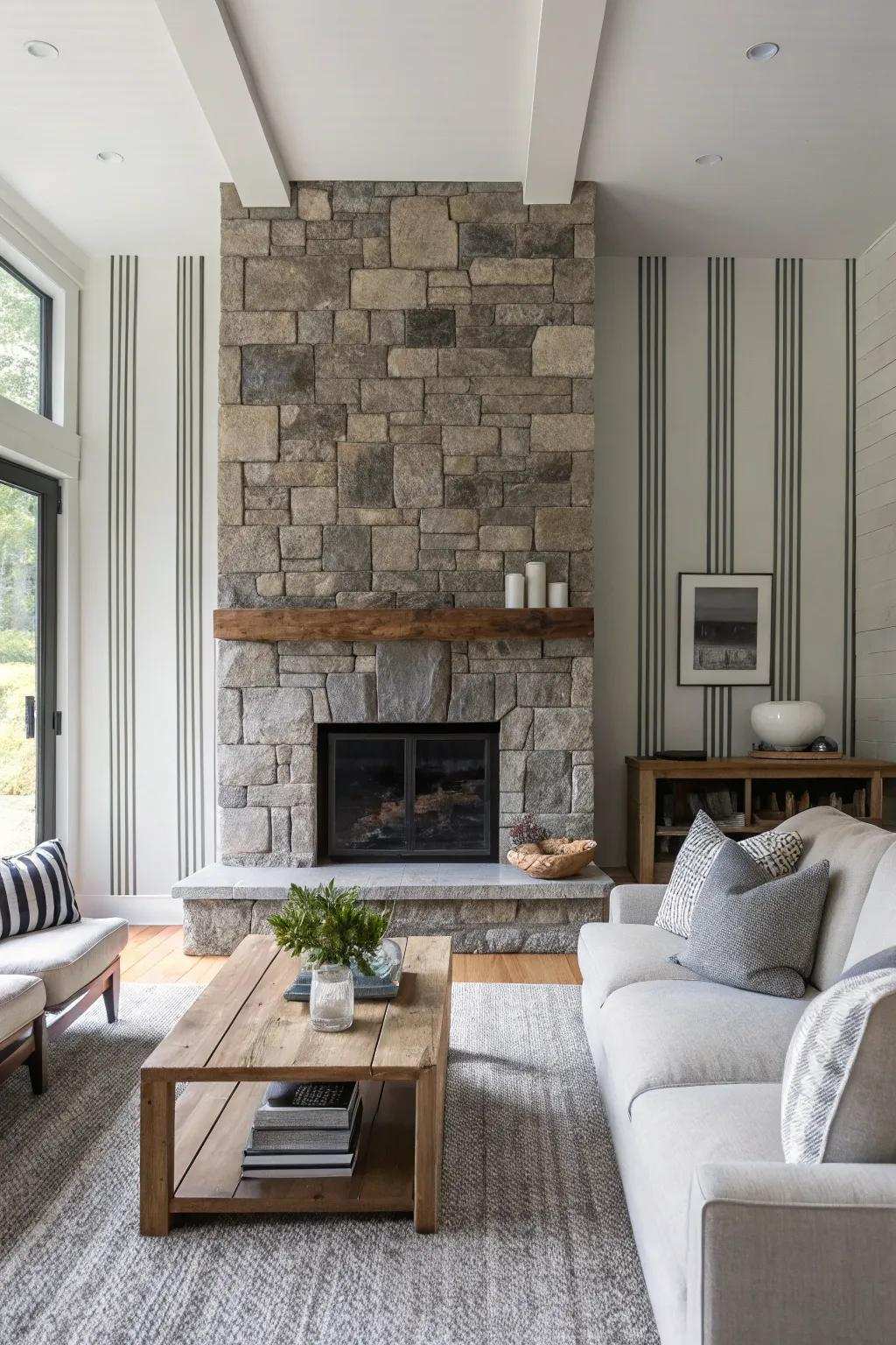 Make a bold statement using vertical stone stripes that elevate your fireplace design.