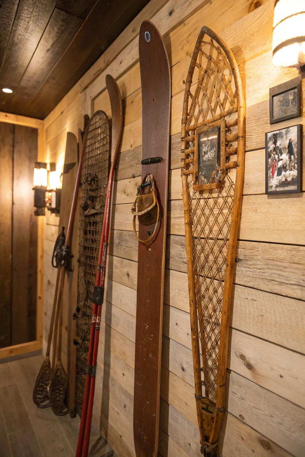 Make a strong visual impact with vintage ski gear for a dash of nostalgia.