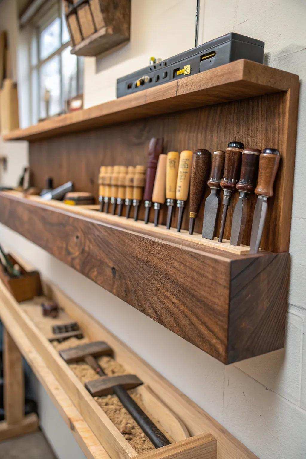 Make the most of your workspace through refined elevated tool racks, blending functionality with design.