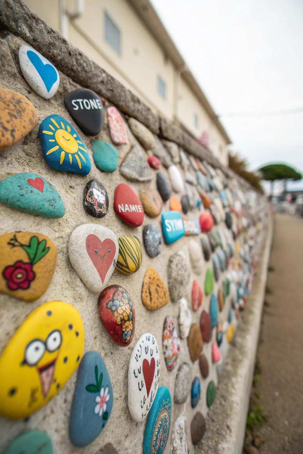 Manually decorated pebbles telling stories on a garden memorial wall.