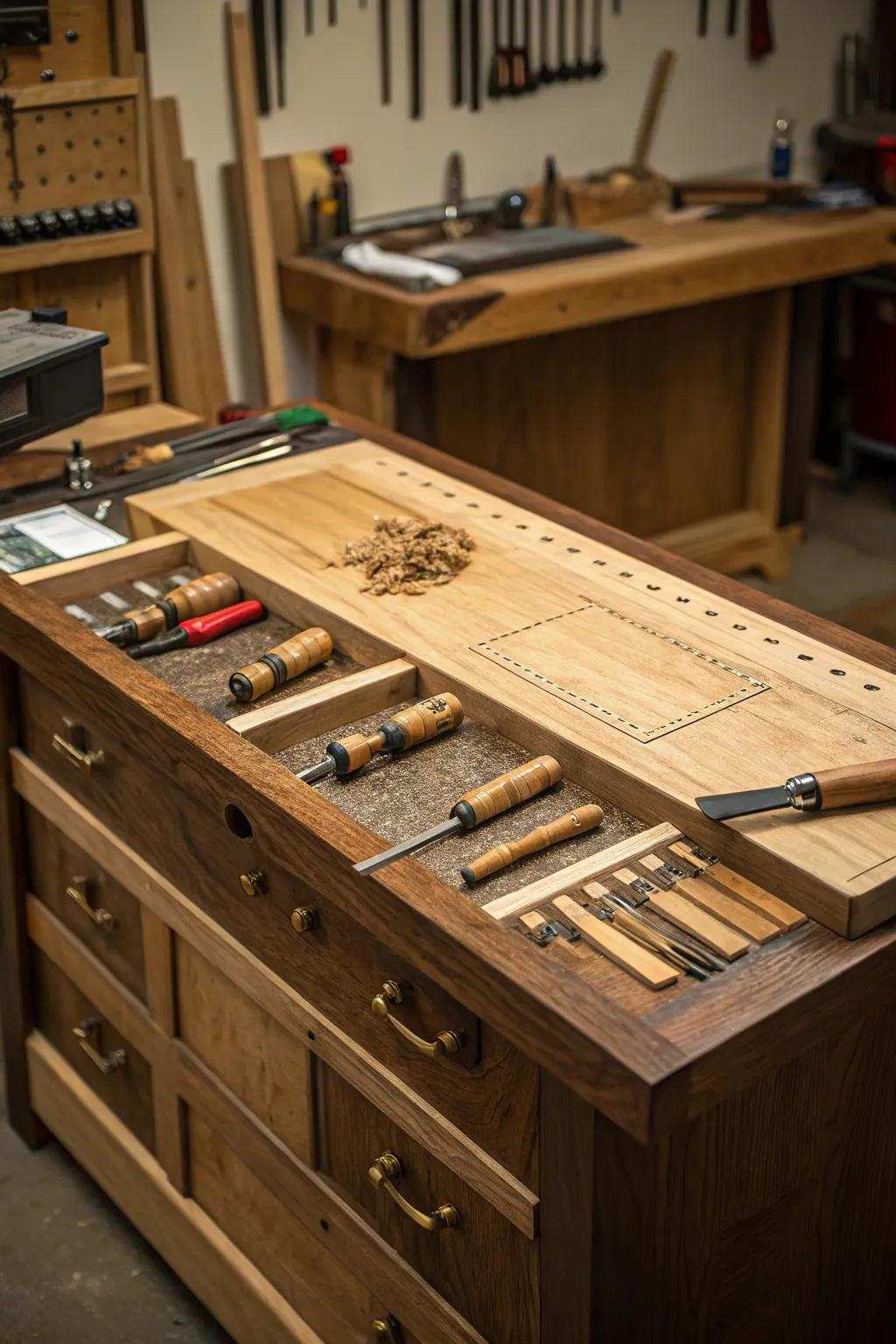 Master your craft through a perfectly arranged woodshop: Dedicated areas for cutting, assembling, and polishing.