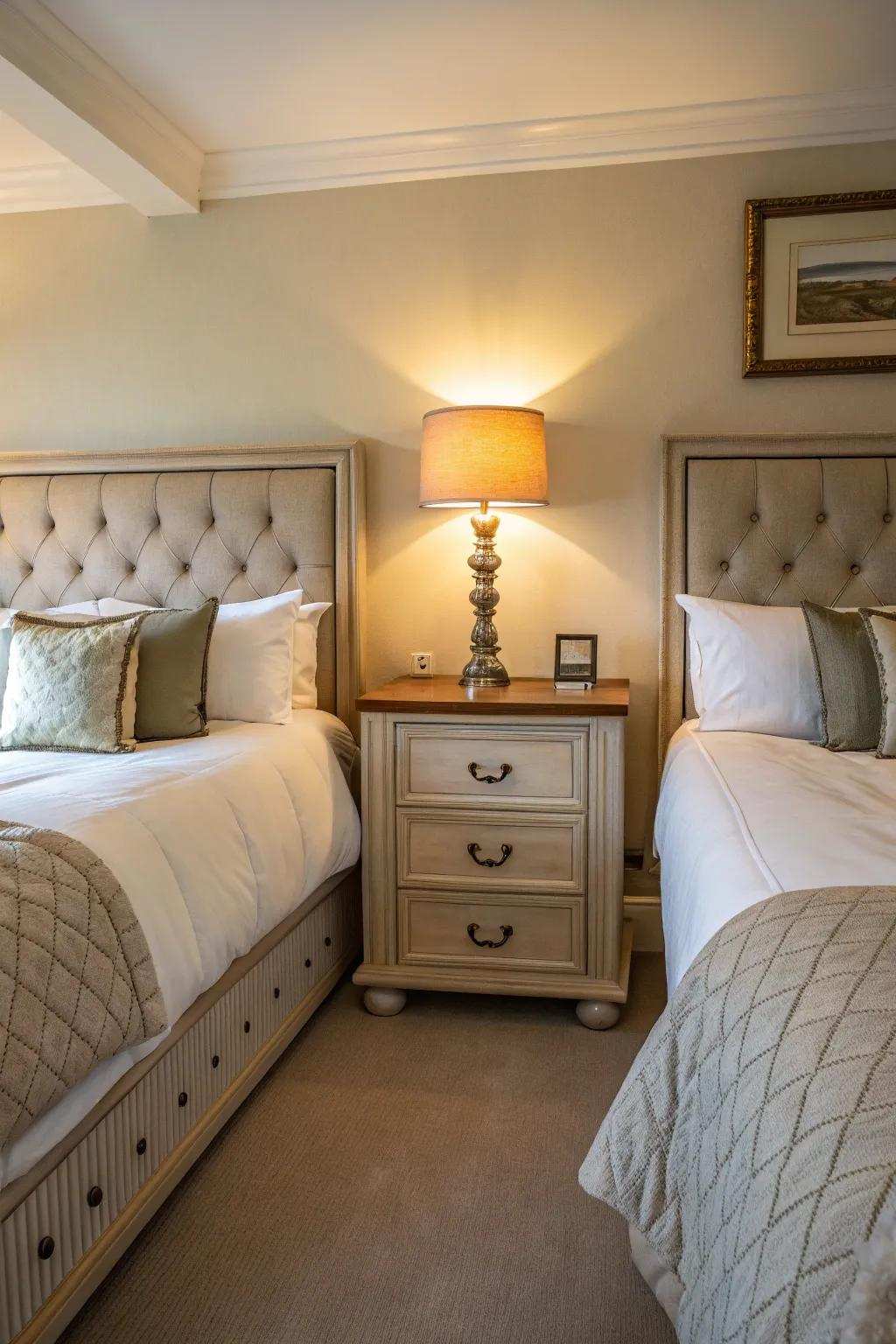 Matching bedside tables enhance equilibrium and purpose.