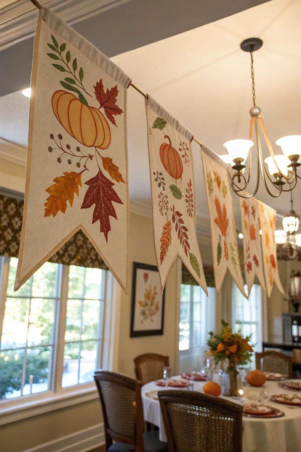 Material hangings contribute a festive and customized accent to your fall decorating.