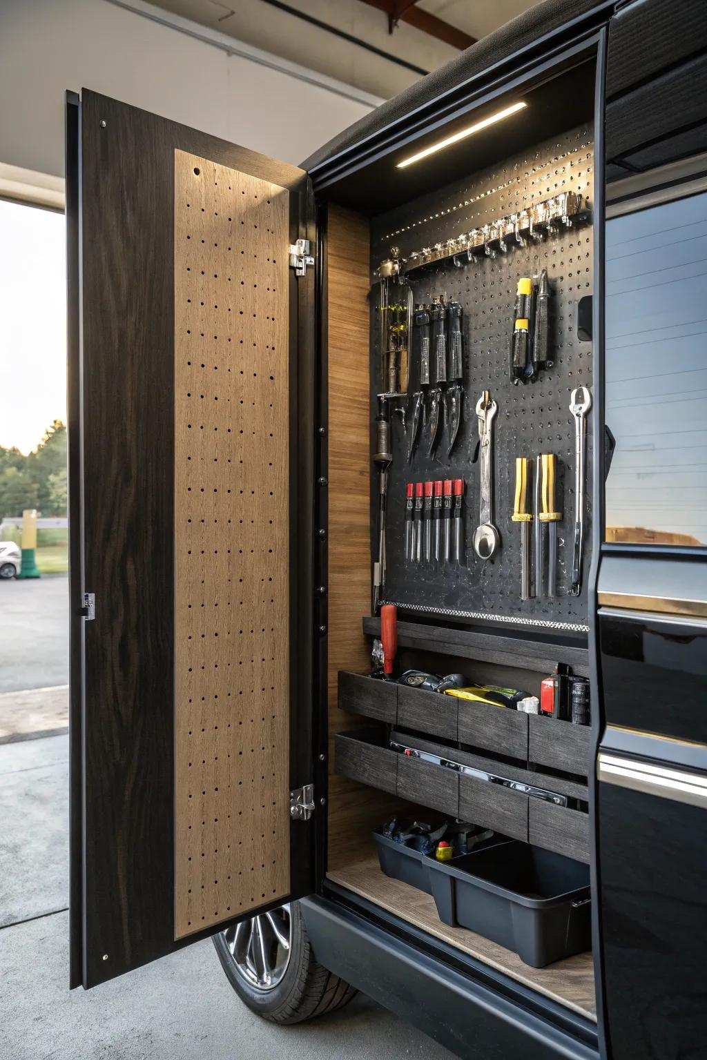 Maximize garage capacity through fashionable pegboard cupboard entryways.