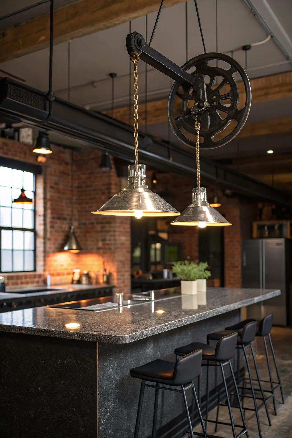 Mechanical edge with a lift apparatus suspended lamp.