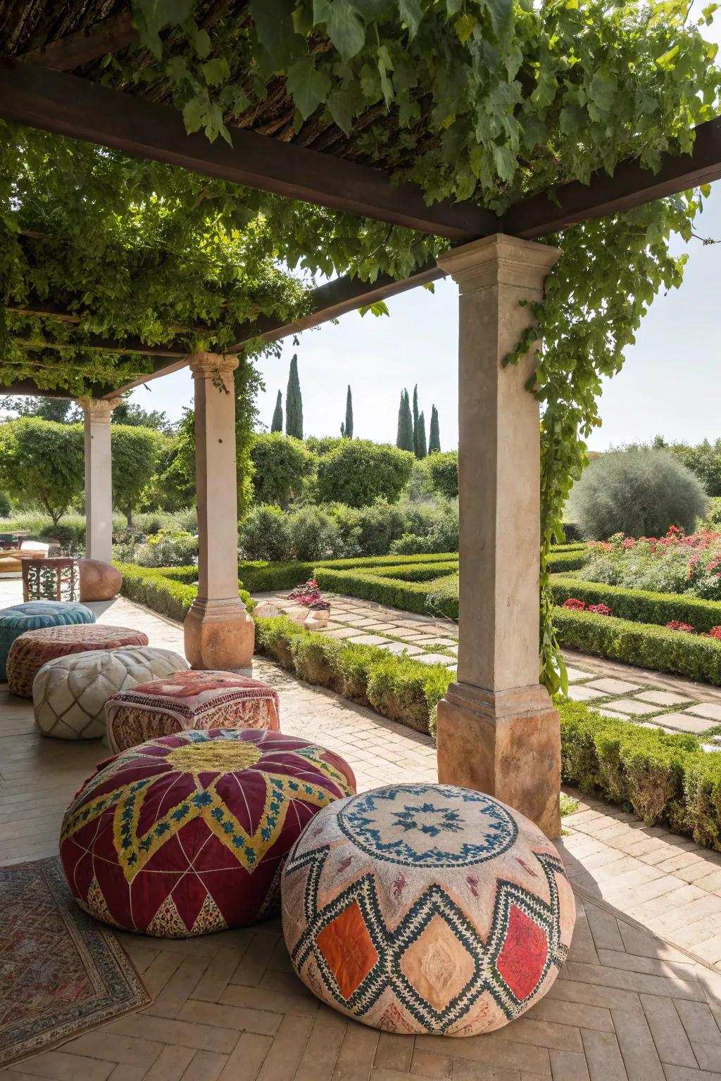 Mediterranean poufs add a seating and an exotic touch.
