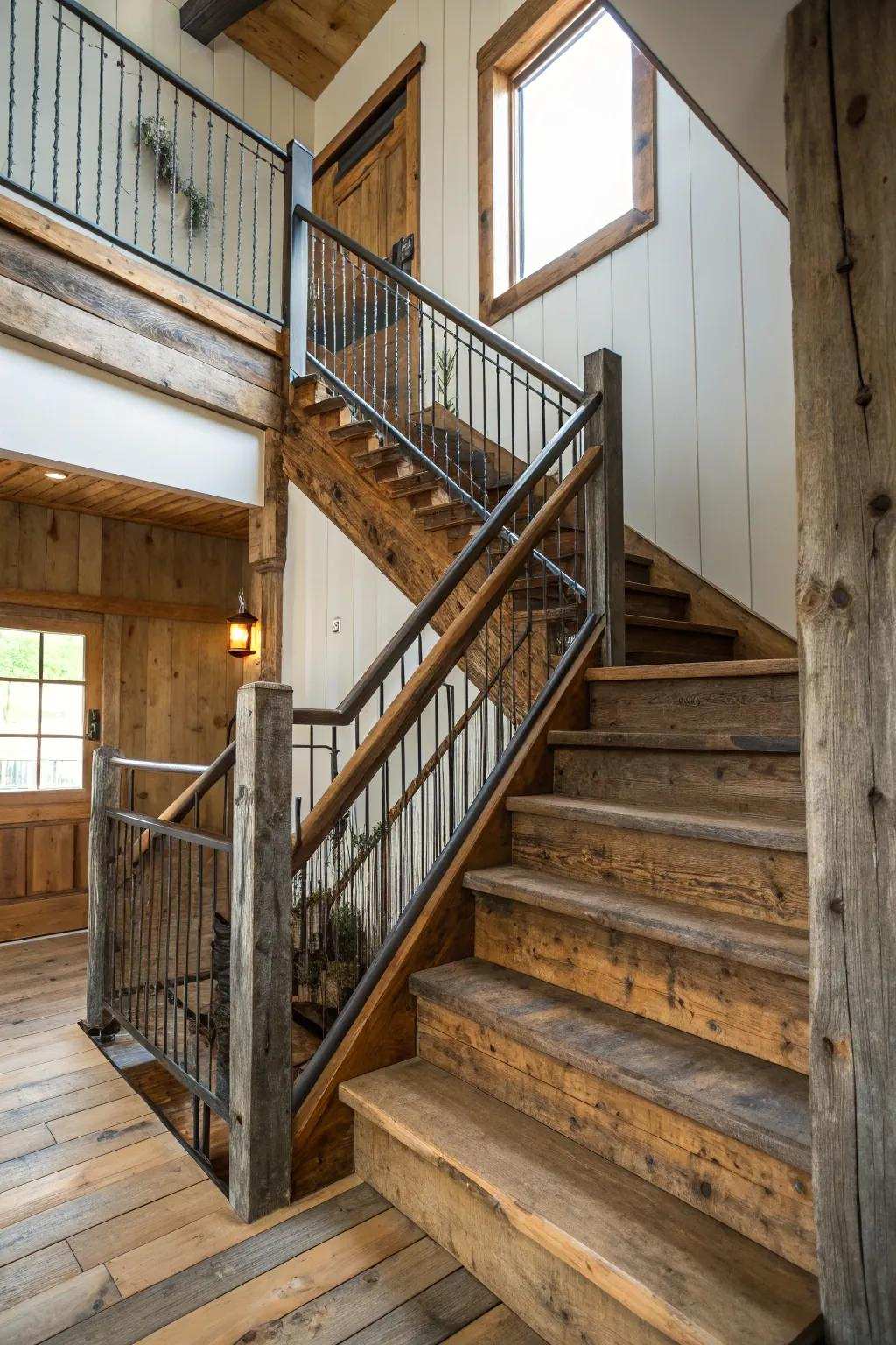 Medley textures contribute depth onto a farmhouse staircase.
