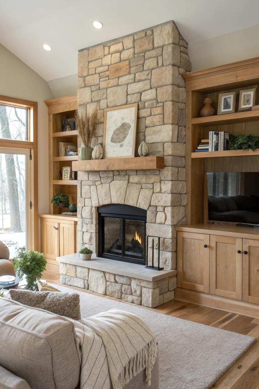Merge function and beauty with integrated display racks that frame your comfortable stone fireplace. #ShelvingDesign #FireplaceLove