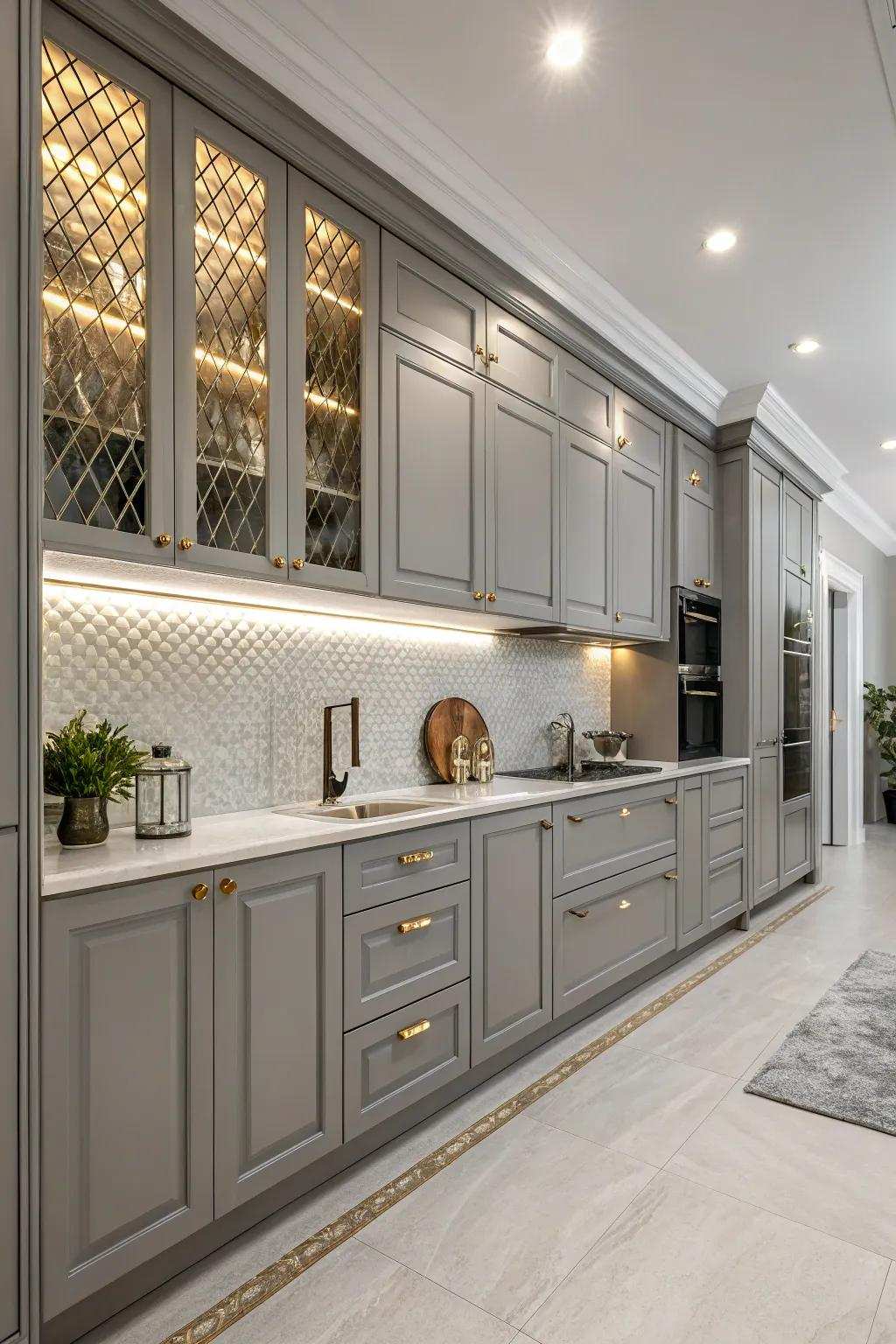Metal accents add a modern edge to gray cabinets.
