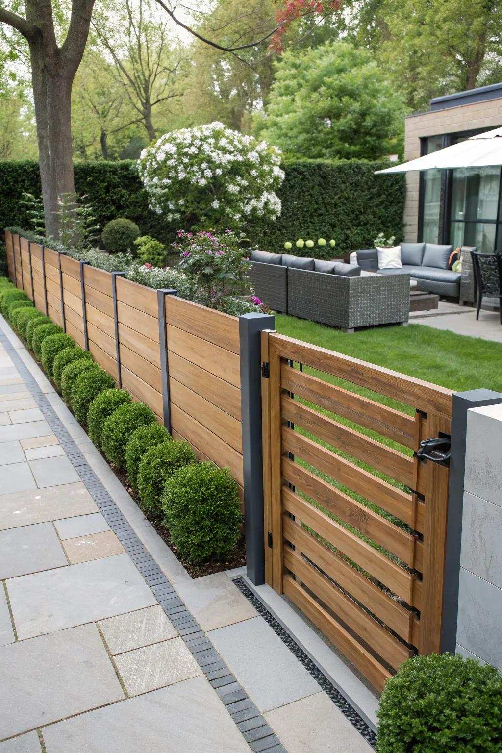 Metal accents bring contrast and strength to timber fences.