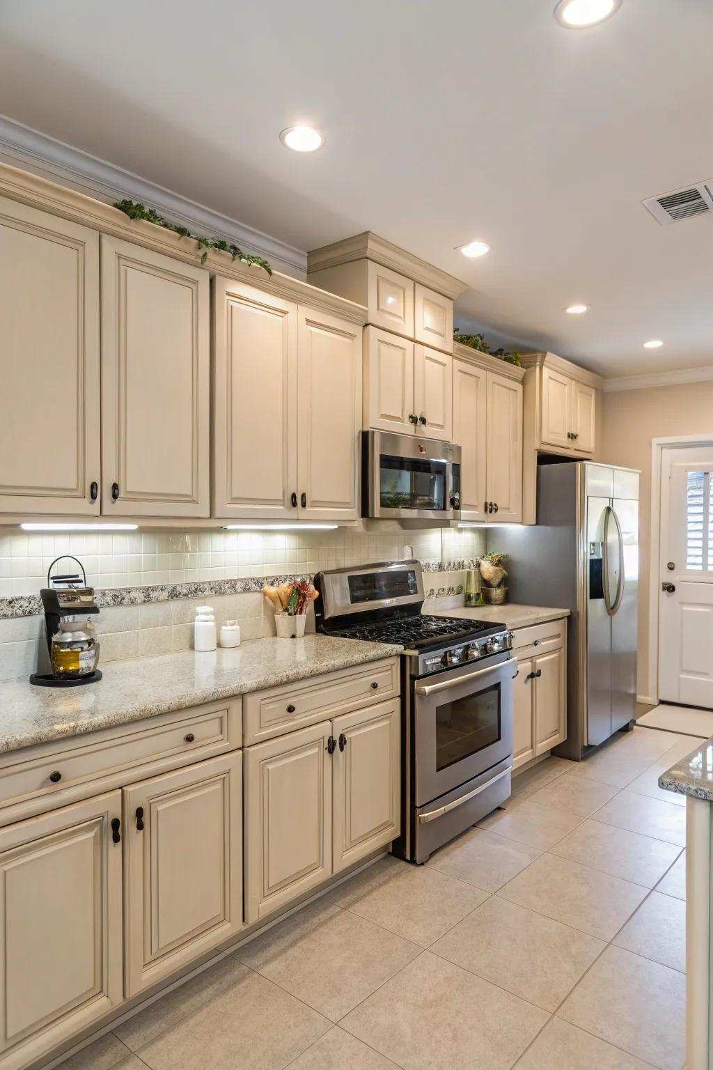 Metal appliances add a sleek contrast to the kitchen.