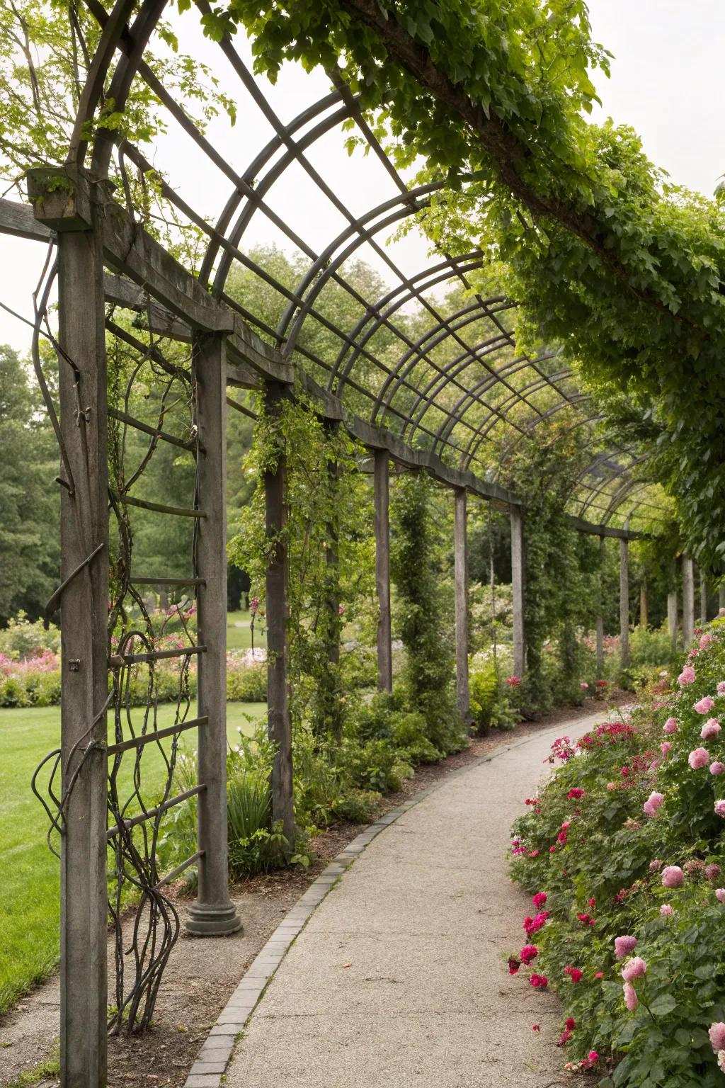 Metal frames provide architectural interest and support for greenery.