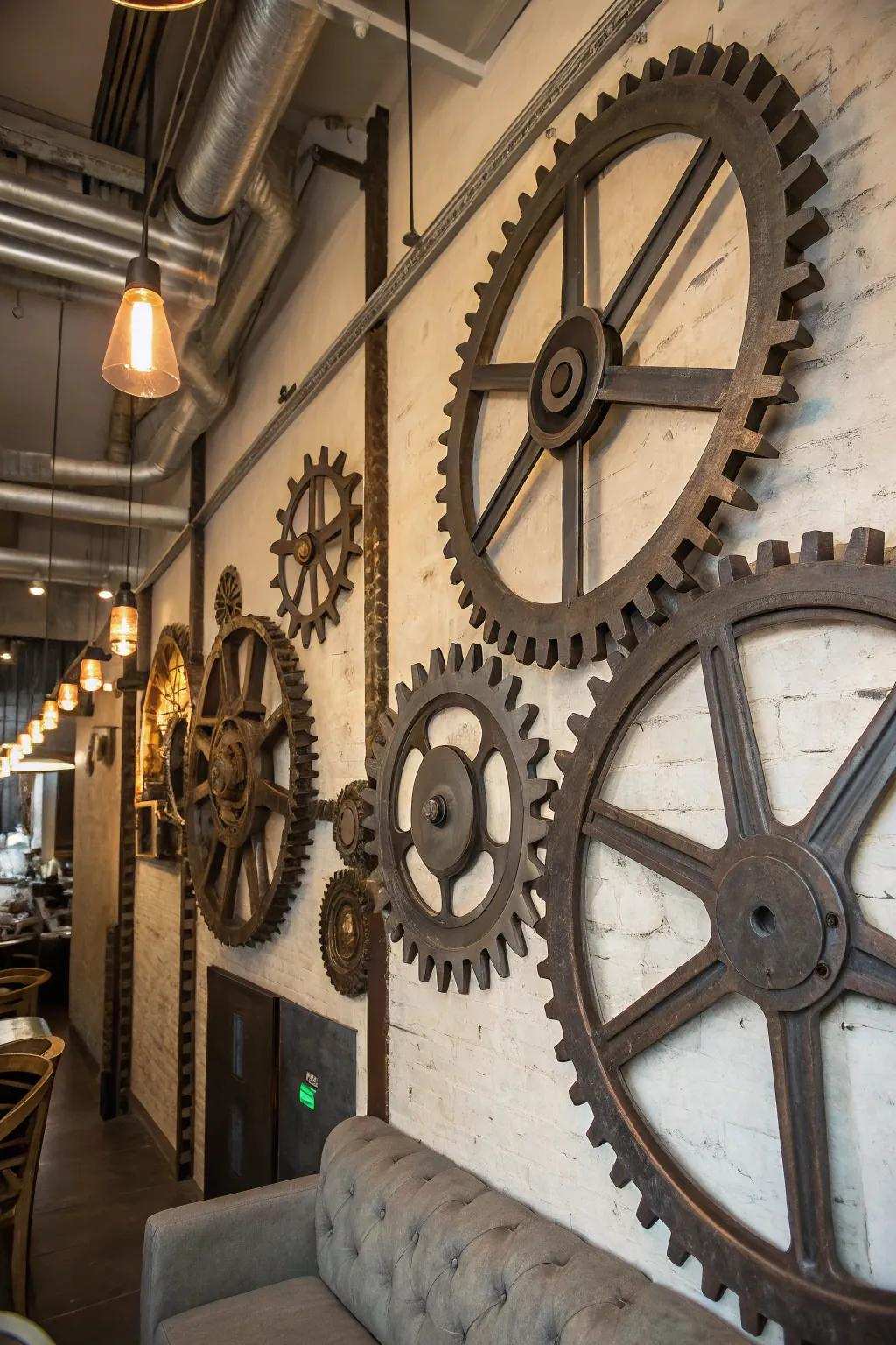 Metal gears convert a basic wall into a steampunk work of art.