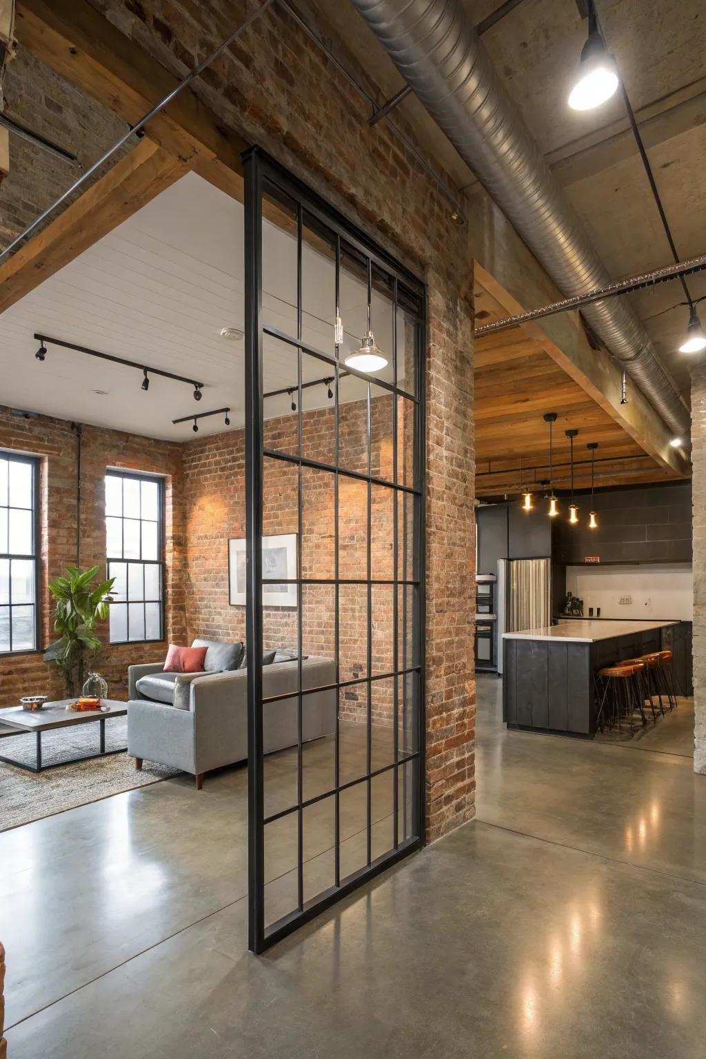 Metal partitions fashion a contemporary, industrial aesthetic.