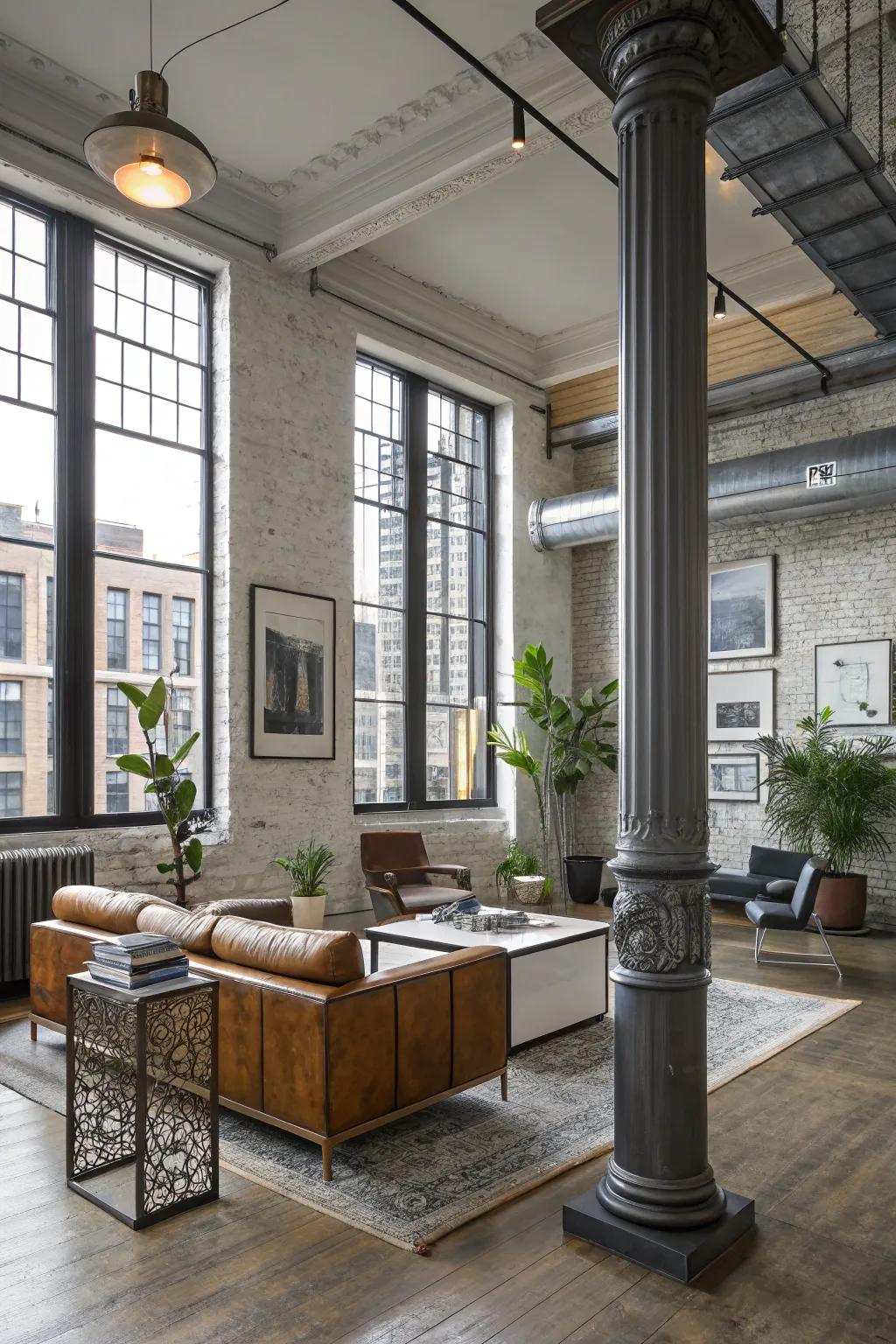 Metallic pillars adding a sleek, modern touch to an industrial chic living room.