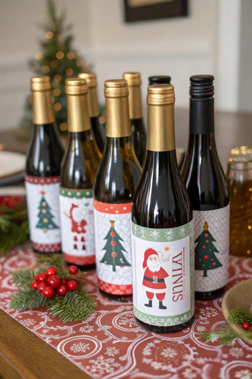 Miniature vino bottles extend a celebratory toast to the season.