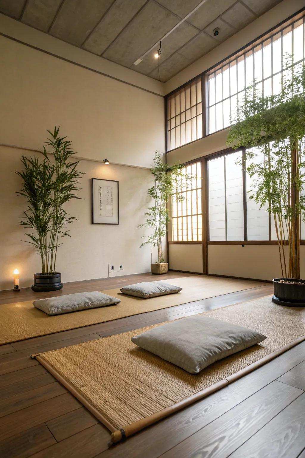 Minimalist decor aids in keeping a clutter-free meditation space.