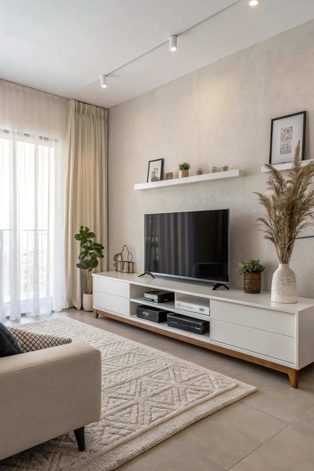 Minimalist TV console creating a serene atmosphere.