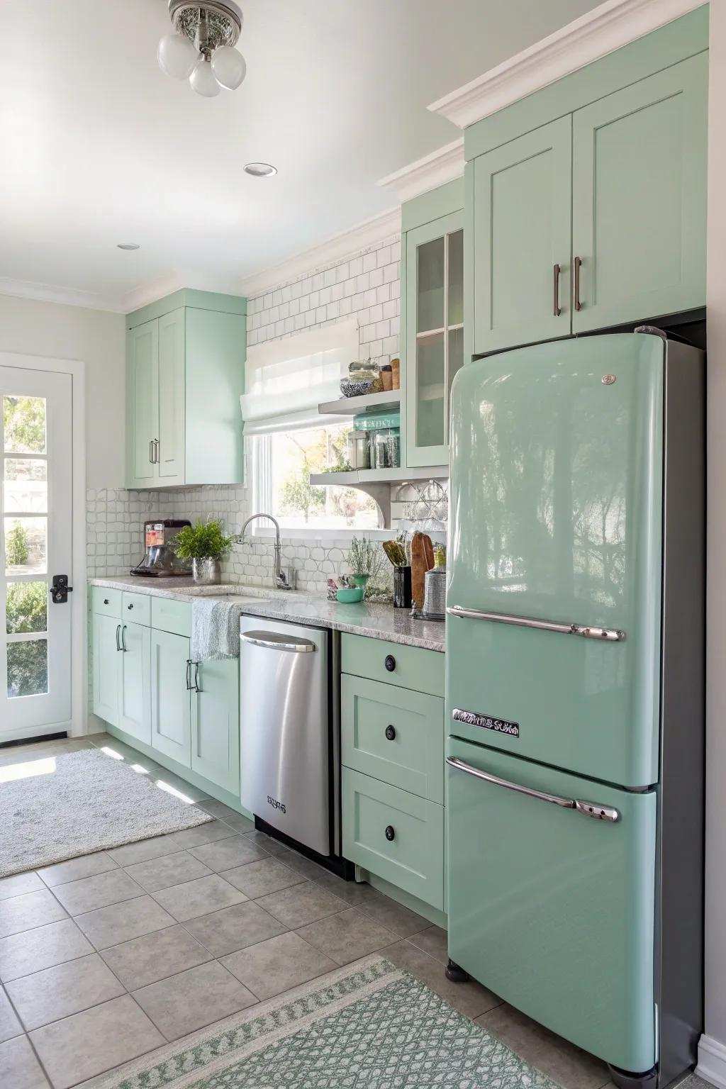 Mint green cabinets inject a lively and refreshing nuance into the kitchen.