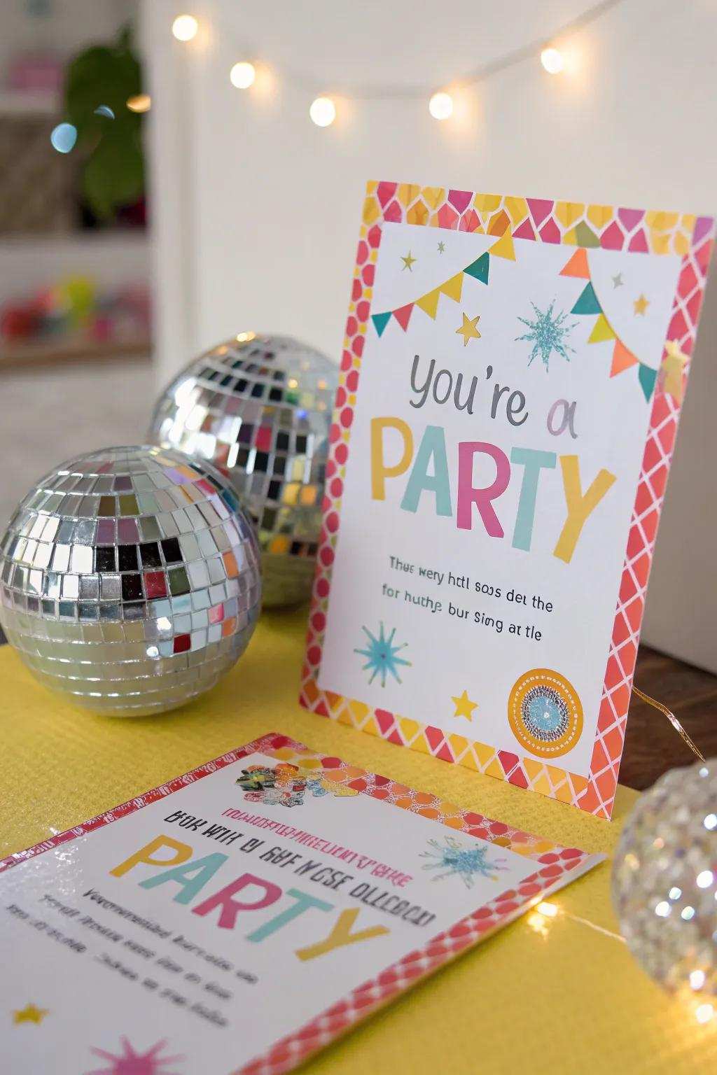 Mirror sphere stickers transmitting a retro essence to celebration invitations.
