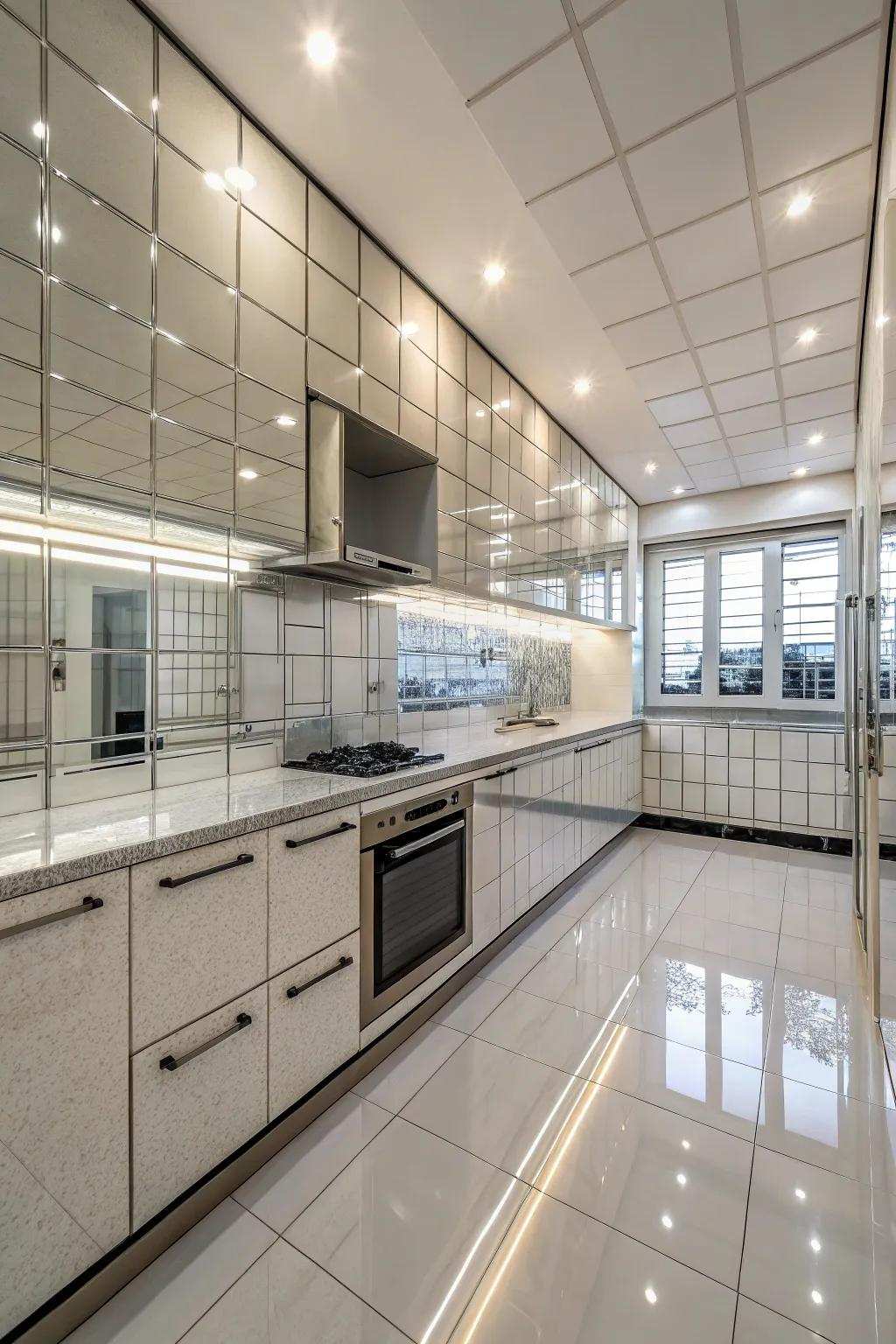 Mirrored tiles reflect light, brightening this kitchen.